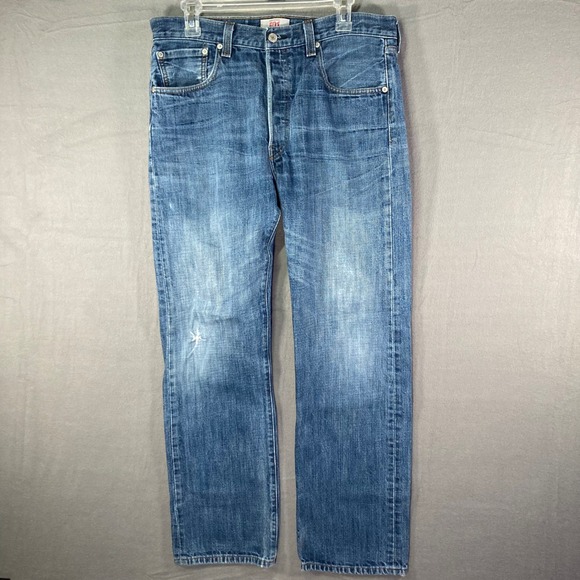 Levis 501 Original Fit Straight Leg Button Fly Jeans Mens Blue Denim Distressed - Picture 1 of 11